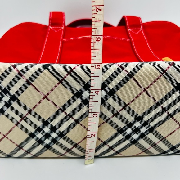 Burberry Red Canvas Tote with Plaid Accents and Top Zipper - Picture 7 of 16